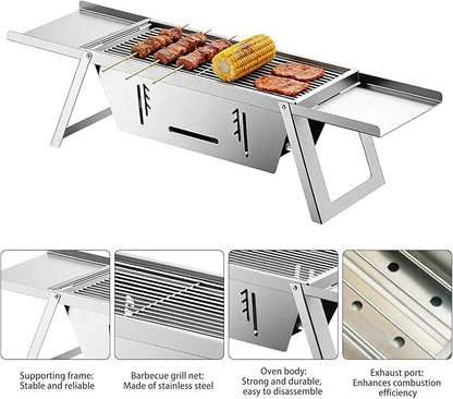 Foldable Small Charcoal Grill Portable Stainless Steel Charcoal Grill Perfect for 2-3 Outdoor Enthusiasts Ideal for Camping, BBQ, Picnics Tailgating Includes Gloves & Carry Bag