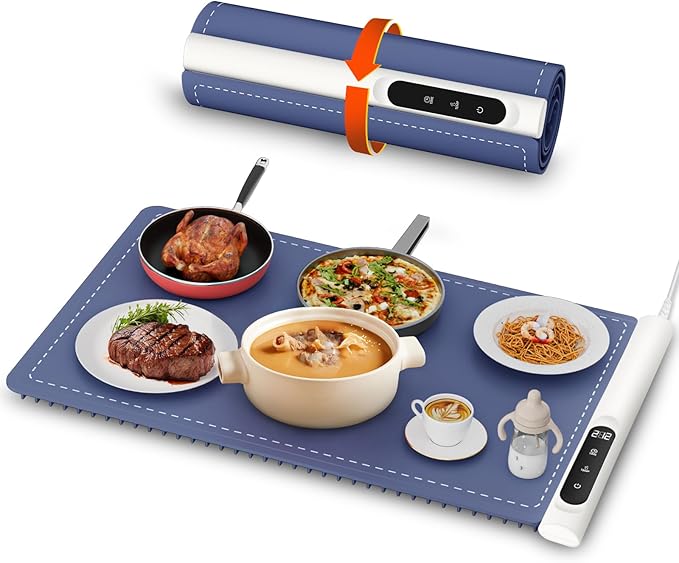 Newise Graphene Warming Mat for Food - Fast Full Surface Heating Electric Warming Tray, Portable Food Warmer for Parties Buffet with 6 Temperature and Timer Settings, Blue