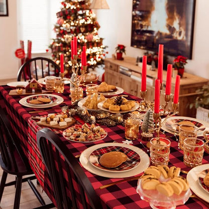 Hiasan Christmas Red and Black Plaid Tablecloth Waterproof, 2 Pack, 60 x 84 inch - Checkered Table Cloth Rectangle for Party/Dining/Family Gathering