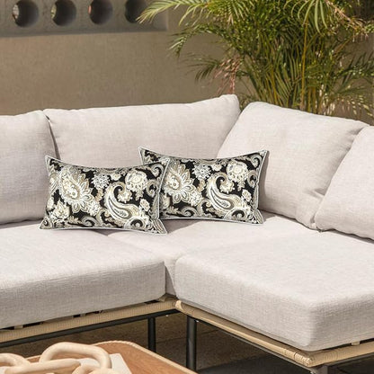 LVTXIII 2 Pack Outdoor Lumbar Pillow Covers 12x20 Inch with Piping, Water-Repellent Back Cushion Covers ONLY for Patio Furniture, Sofa, Garden Bench, Paisley Black