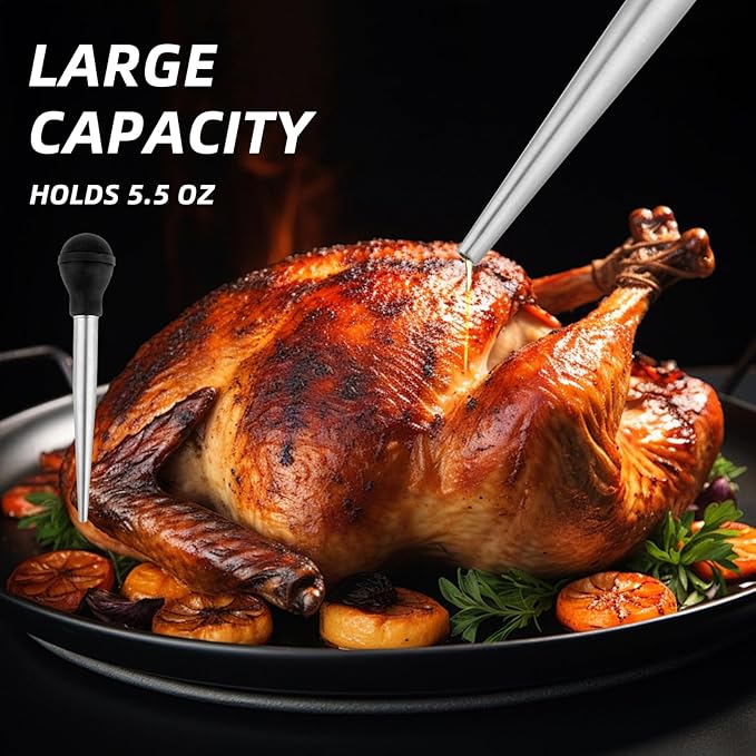 304 Stainless Steel Large Turkey Baster for Cooking,Food Grade Baster Syringe and Silicone Suction Bulb,with 2 Detachable Needles1 Cleaning Brush,for Kitchen,BBQ,Grill Baking,Meat Injection (Black)