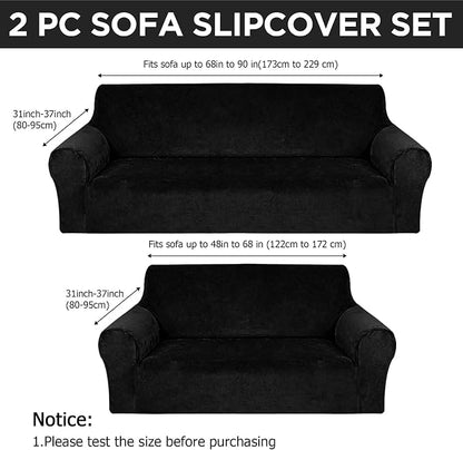Peryiter 2 Pcs Couch and Loveseat Sofa Covers,Black,Velvet | Armchair Covers for Living Room, Sofa Cushion Slipcover 2/3 Seater, Furniture Protector, Polyester and Spandex, Washable