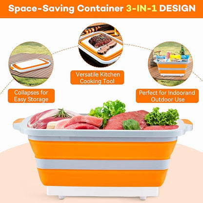 BBQ Prep Tub with Lid and Cutting Board - Collapsible Barbecue Tool Set for Marinating, Grilling, BBQ Prep Station for Outdoor Cooking, Camping Kitchen Accessories & Barbecue Utensils, XX-Large Orange