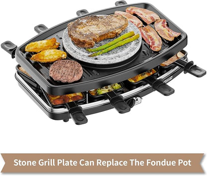 Electric Fondue Pot Sets, Electric lndoor Raclette Table Grill for 8 People, Adjustable Temperature Control and 8 Paddles, Perfect for Parties and Family Fun