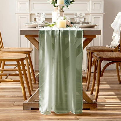 Sage Green Glitter Chiffon Table Runner 35x120 Inches 6 Pack for Outdoor BBQ Thanksgiving Party Table Decor