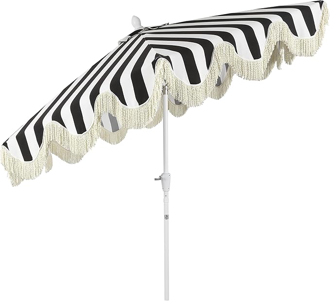 JONATHAN Y UMB1001 Collins 9 ft. Classic Cottage Tassel Market Patio Umbrella with Auto-Tilt, Crank, Wind Vent and UV Protection