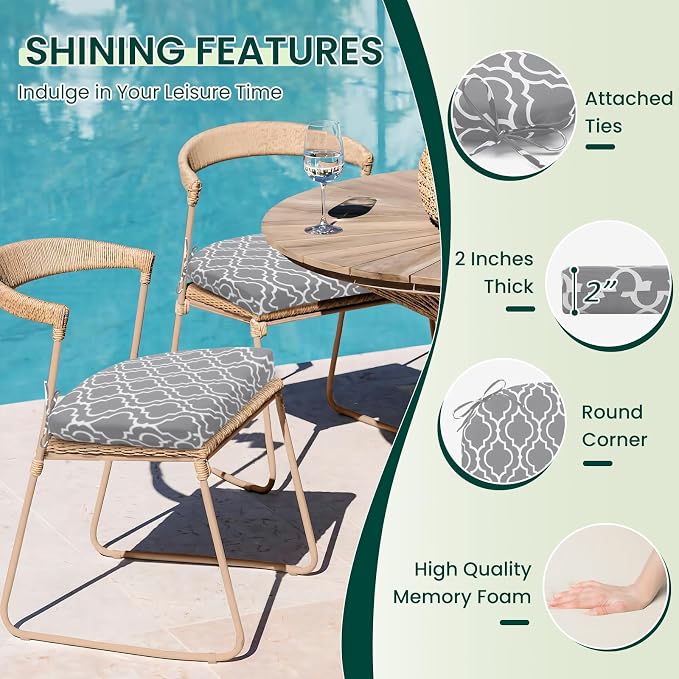 HARBOREST Outdoor Chair Cushions Set of 4, Water Resistant Patio Chair Cushions with Ties, Outdoor Seat Cushions for Patio Furniture, 17"x16"x2", Grey Geometry