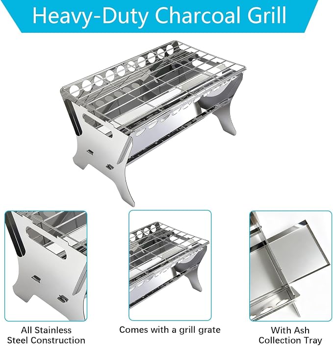 Portable Charcoal Grill, 17" All-Stainless Steel Detachable BBQ Grill, Small Charcoal Stove with Perforated Bottom Vents & Ash Tray, Disassembled Camping Grill