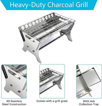 Portable Charcoal Grill, 17" All-Stainless Steel Detachable BBQ Grill, Small Charcoal Stove with Perforated Bottom Vents & Ash Tray, Disassembled Camping Grill