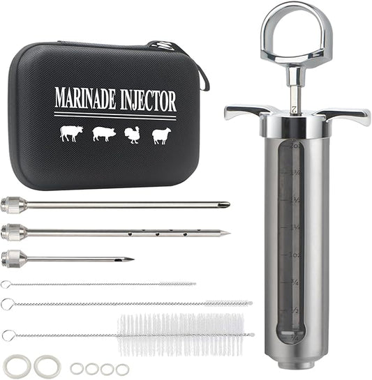 Meat Injector BBQ Injection Kit, Marinade Cajun Seasoning Flavor Syringe Injector for Cooking Grill Smoker Barbecue in Chicken Turkey Beef with 3 Syringe Needles, User Manual, E-Book