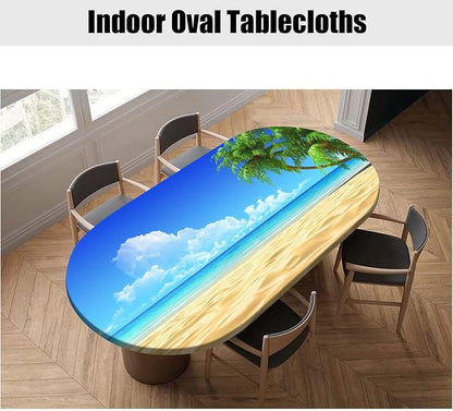 Summer Fitted Tablecloths Oval, Palms on Tropical Sand Beach Pattern Print Polyester Table Cloths, Elastic Table Cover for Outdoor/Indoor Summer Party Family Dinner Decor, Fits Tables up to 54" x 76"