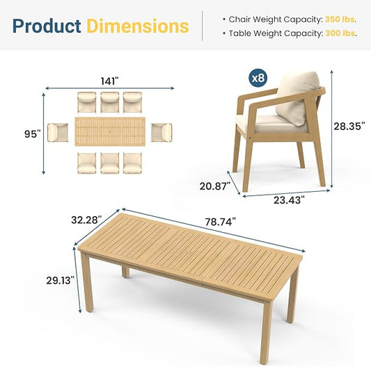 FansaFurn 9 Pieces Acacia Outdoor Patio Table and Chairs Set for All-Weather, Outside Furniture with Table Umbrella Hole and Removable Cushion for 8, Outdoor Furniture Set for Garden, Patio, Beige