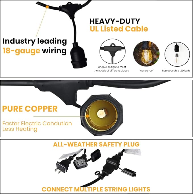 Svater 144 FT Outdoor String Lights 2W LED Outside Edison Waterproof ETL | Patio Light for Outside with 48 Antique S14 Bulbs, IP65 Hanging Bistro Cafe Market , Dimmable 2700K (48*3)