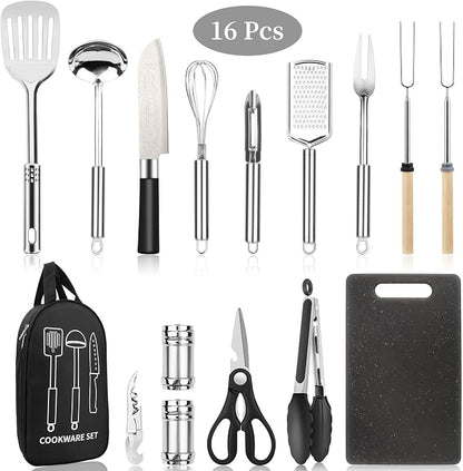 Camping Cooking Utensils Set, Stainless Steel Grill Tools, Camping BBQ Cookware Gear and Equipment for Travel Tenting RV Van Picnic Portable Kitchen Essentials Accessories