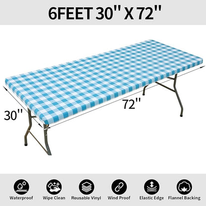 Smiry Rectangle Picnic Table Cloth, Elastic Waterproof Fitted Vinyl Tablecloths, Flannel Backed Buffalo Plaid Table Covers for Dining, Camping, Outdoor (White and Aqua, 30" x 72")
