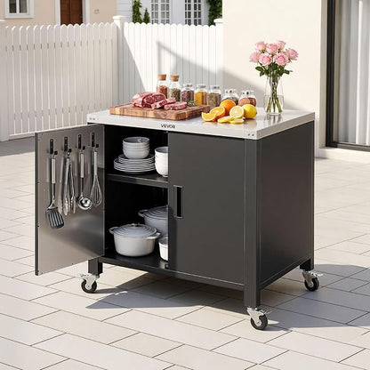 VEVOR Outdoor Grill Cart with Storage Cabinet, 40 Inch Grill Table, Waterproof Kitchen Island with Stainless Steel Top, Spice Rack, and Wheels, Movable Food Prep Station for Patio Bar Backyard BBQ