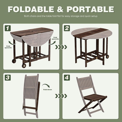Greesum 5-Piece Outdoor Patio Dining Set, Acacia Wood Folding Bistro Set, All-Weather Furniture with Round Table & Chairs for Garden, Deck, Balcony, Pool, Dark Brown