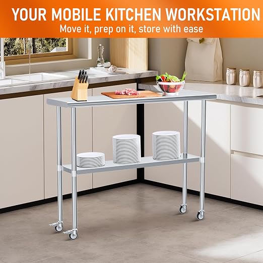 Stainless Steel Table with Wheels 24" x 48" Utility Worktable with Adjustable Undershelf for Commercial Kitchen, Garage, Restaurant