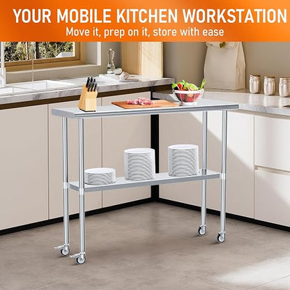 Stainless Steel Table with Wheels 24" x 48" Utility Worktable with Adjustable Undershelf for Commercial Kitchen, Garage, Restaurant