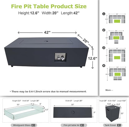 SUNPEAK 42" Rectangular Propane Fire Pit Table 50,000 BTU Fireplace Table with Wind Guard, Lid, Rocks and Cover - Fire Pits & Outdoor Fireplaces - Gas Fire Pits for Outside Patio (Black, 42")