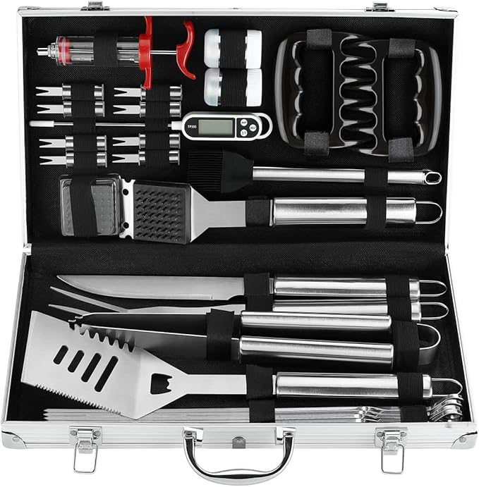 POLIGO 26Pcs Exclusive BBQ Grill Accessories in Aluminum Case for Birthday Fathers Day Grilling Gift - Grill Utensils Set with Barbecue Claws, Meat Injector, Thermometer for Smoker, Camping BBQ Silver