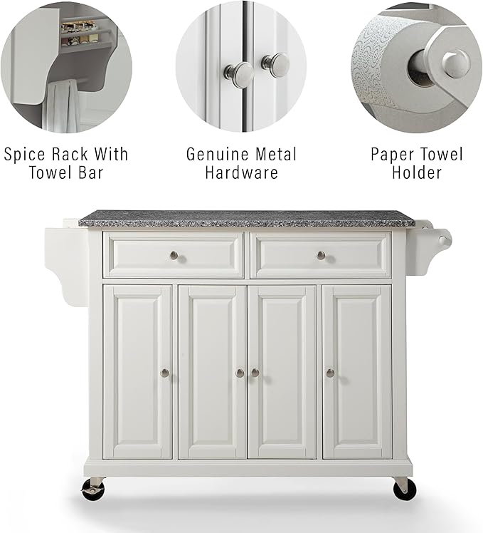 Crosley Furniture Full Size Granite Top Rolling Kitchen Island Storage Cart, Microwave Stand, Spice Rack, White