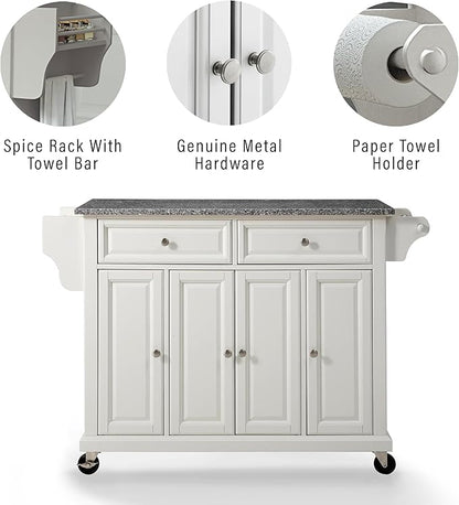 Crosley Furniture Full Size Granite Top Rolling Kitchen Island Storage Cart, Microwave Stand, Spice Rack, White