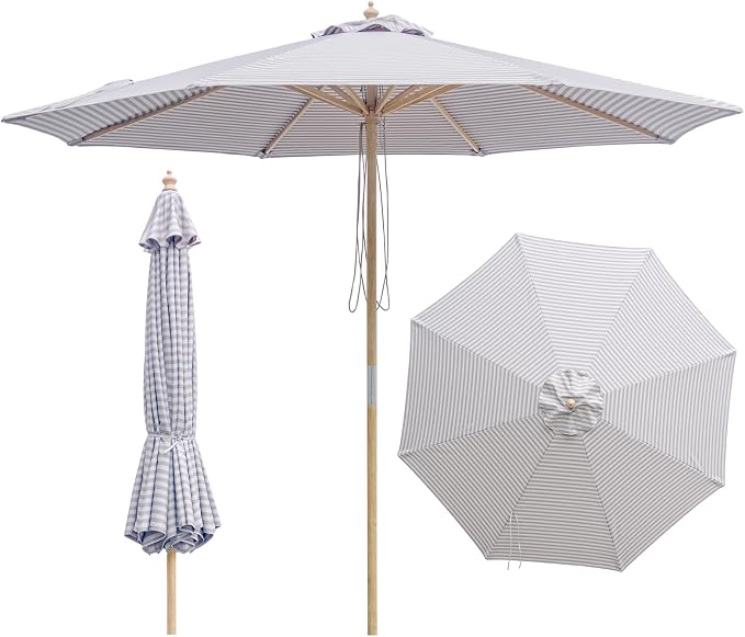 9FT/10FT Wood Patio Umbrella, Large Outdoor Table Pool Umbrella | 205G Olefin/180G Polyester Fabric, Push-Pull Operation Market Umbrella, 8 Rib Vented Canopy, Ideal for Patio, Backyard