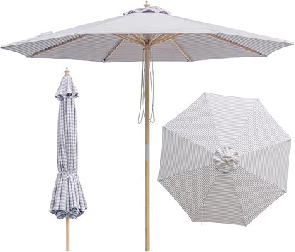 9FT/10FT Wood Patio Umbrella, Large Outdoor Table Pool Umbrella | 205G Olefin/180G Polyester Fabric, Push-Pull Operation Market Umbrella, 8 Rib Vented Canopy, Ideal for Patio, Backyard