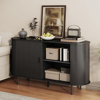 Buffet Sideboard Cabinet with Storage, 55" Fluted Cabinet with Sliding Door & Adjustable Shelf, Modern Accent Coffee Bar Console Table for Kitchen, Entryway, Black