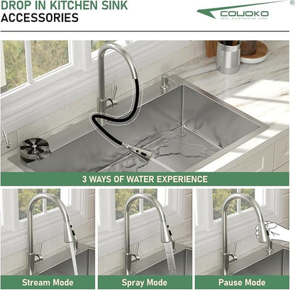 33x22 Drop In Kitchen Sink with Faucet Combo16 Gauge Stainless Steel Single Bowl Kitchen Sink Large Deep Round Corner Handmade Topmount Overmount Basin Kitchen Sinks