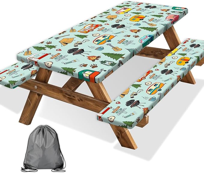 Camping Picnic Table Cover with Bench Covers and Bag, Camping Essentials, Waterproof Windproof Fabric, Fitted Tablecloth Cover with Elastic Edge, for Indoor & Outdoor, Garden, 3 PCS, 30x96 Inch