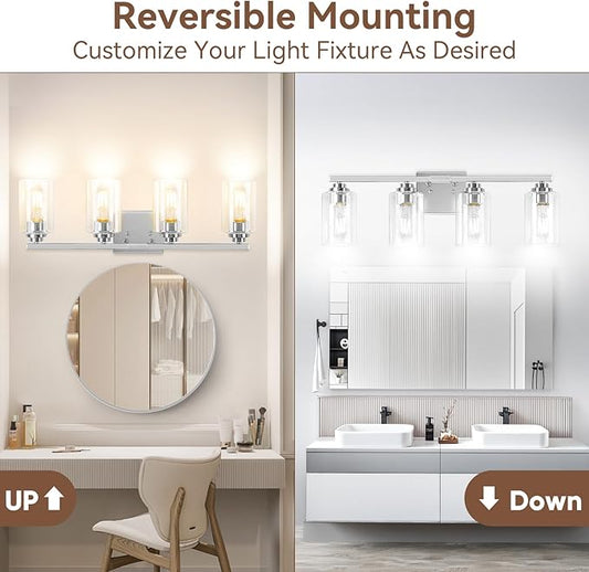 VerRon 4-Light Bathroom Light Fixtures, 27" Brushed Nickel Modern Vanity Lights Over Mirror with Clear Glass Shades, Classic Wall Light Fixture for Mirror Living Room Cabinet Bedroom Porch