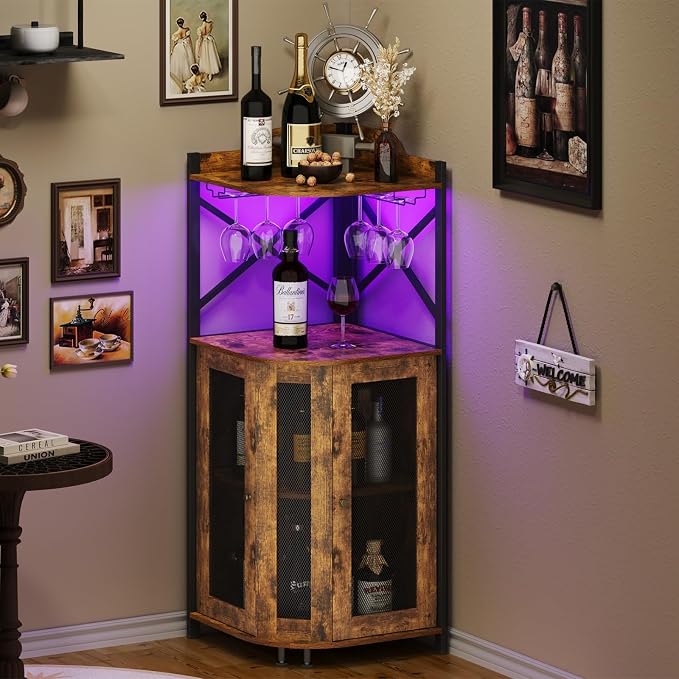 JKsmart Corner Bar Cabinet with LED Lights,Industrial Wine Cabinet with Glass Holder,4-Tier Wine Cabinet with Door and Shelf,Farmhouse Home Bar for Liquor Wine Coffee Storage,Rustic Brown