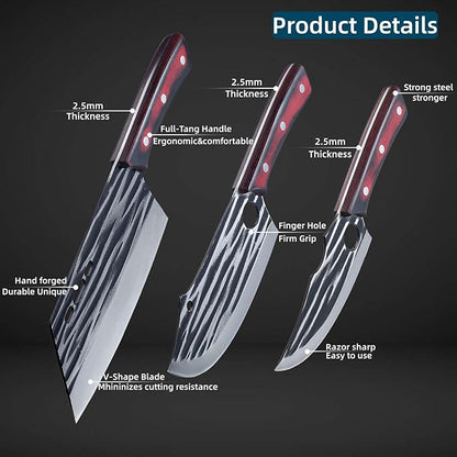 Butcher Knife Set with Bag，Meat Cleaver Full Tang Serbian Chef Knife High Carbon Steel for Meat Cutting Processing,Hand Forged Viking Carving Outdoor BBQ Camping Knife (3)