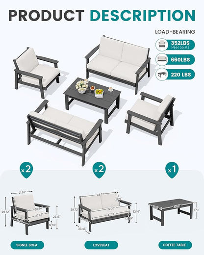 SERWALL HDPE Patio Furniture Set, 5 Piece All Weather Wood-Like Sectional Outdoor Furniture Set, Grey Patio Sofa Couch with Khaki Cushions for Deck, Lawn