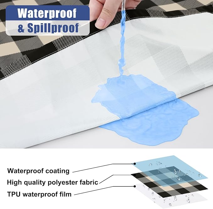 Smiry Picnic Table Cloth 2 Pack, Waterproof Elastic Fitted Tablecloths for 6FT Rectangle Tables, Washable Polyester Buffalo Plaid Tablecloth for Camping, Dining & Outdoor (Black & Beige, 30" x 72")
