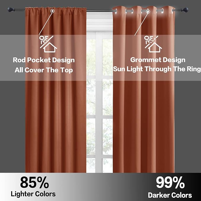 RYB HOME Orange Window Curtains 108 inches Length, Energy Efficient Rod Pocket Drapes Privacy Covers for Sliding Door Home Office, W52 x L108 inch, 2 Panels, Burnt Orange