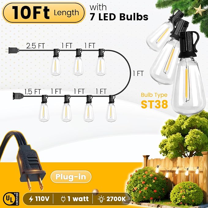 10FT Outdoor String Lights - LED Patio Lights Waterproof G40 Plastic Globe Bulbs, Connectable Shatterproof Hanging Outdoor Lights for Indoor Backyard Yard Gazebo Porch Party Decor