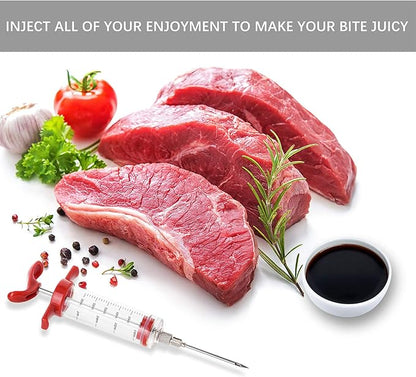 Premium Meat Injector, Marinade Injector Syringe with 2 Meat Needles for BBQ Grill Smoker, Turkey and Cooking 1-oz Capacity, 2 Stainless Needles, 1 Brush, Red