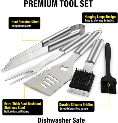 Yekale BBQ Grill Accessories Set, Grill Tools Grilling Accessories Grilling Gifts for Men - Spatula, Fork, Brush, Tongs & Cleaning Brush - Outdoor Barbecue Utensils Gifts for Men Dad Him (Sliver)