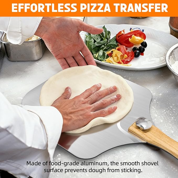 Pizza Peel and Pan Set, 6 Piece Pizza Oven Accessories, 12 Inch Metal Pizza Paddle with Foldable Wooden Handle, 8 Inch Metal Peel, Rocker Cutter, Server, Stainless Steel Plates and Tongs