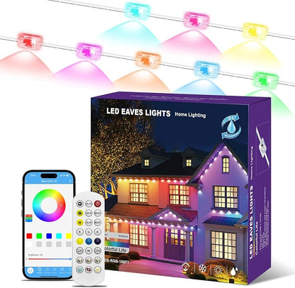 mw Permanent Outdoor Lights for House, 100ft RGB+IC Eave Lights, 50 Scene Modes, App/Remote Control, IP68 Waterproof, Smart Outdoor Light for Christmas, Halloween, Party Decor, House Roof Lighting