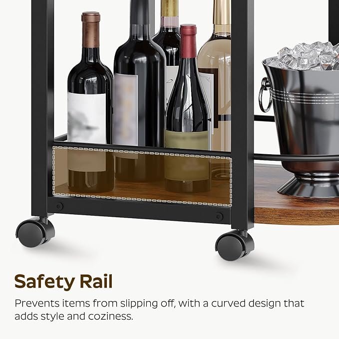 3-Tier Bar Cart, Home Bar Serving Cart with Fence and Wheels, for Dining Room, Living Room, Garden, Party, Rustic Brown and Black BC06BR