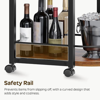 3-Tier Bar Cart, Home Bar Serving Cart with Fence and Wheels, for Dining Room, Living Room, Garden, Party, Rustic Brown and Black BC06BR