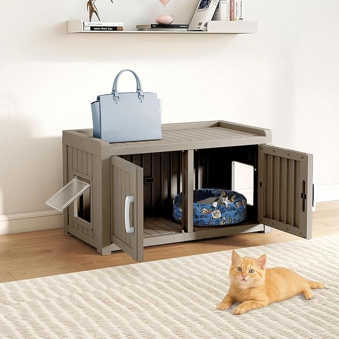 2 Doors Shoe Storage Bench with Cat Cabinet for Entryway, Hallway, Grey | 2 Hidden Side Doors Entryway Bench with Seat, Waterproof Resin Shoe Rack for Entryway, Bedroom, Living Room, Indoor/Outdoor