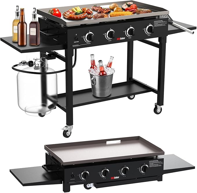 BBQCuker 4-Burner Propane Gas Griddle, 60,000 BTU Flat Top Grill with Removable Side Tables, Bottom Tray and Foldable Legs, 766 sq. in. Cooking Area, Portable Outdoor Griddle for Camping, BBQ (BLACK)
