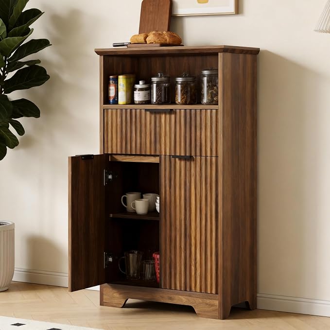 Fluted Buffet Cabinet with Storage, Modern Coffee Bar Cabinet | With Drawer & Adjustable Shelf, Wood Sideboard Cabinet for Kitchen, Bathroom, Entryway and Living Room Walnut