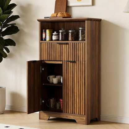 Fluted Buffet Cabinet with Storage, Modern Coffee Bar Cabinet | With Drawer & Adjustable Shelf, Wood Sideboard Cabinet for Kitchen, Bathroom, Entryway and Living Room Walnut