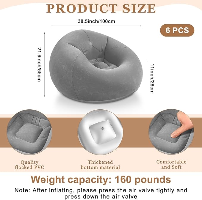 Realspring 6 9 12 Pcs Inflatable Bean Bag Chairs for Adults with Electric Air Pump, Blow up Couch Folding Portable Inflatable Couch Lazy Sofa for Outdoor Movie Night Camping(Gray,6 Pcs)